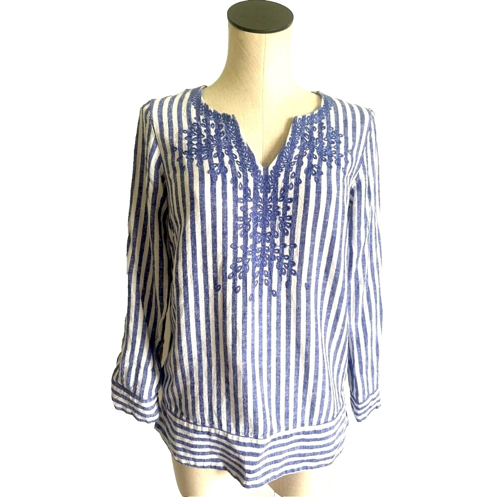 Vineyard Vines Embroidered Blue Striped Shirt Linen Blend Boho Peasant Sz XS